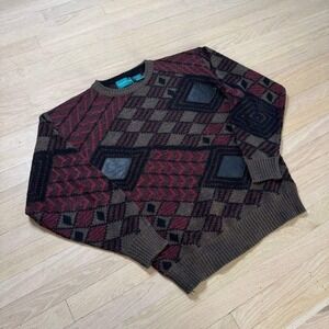Cricketeer Mens Vintage Geometric Knit Sweater Leather Patches Burgundy XL